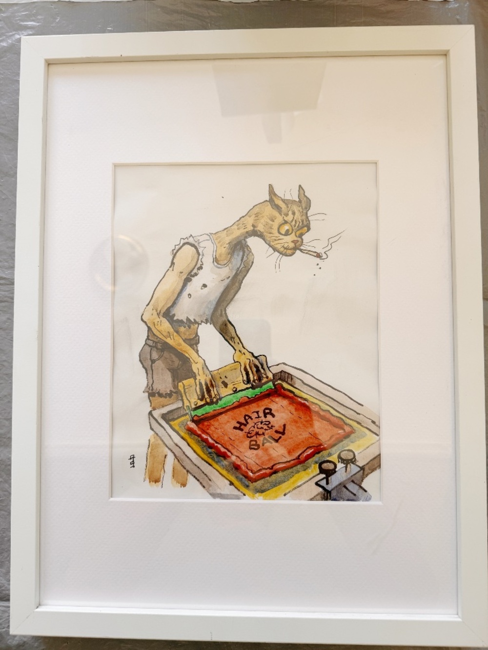Vintage Style Lowbrow Cat Art Original Ink Watercolor Smoking Cat Screen Print